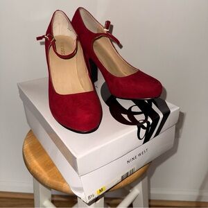 Nine West Red Mary Jane Suede Heels with Buckle Strap